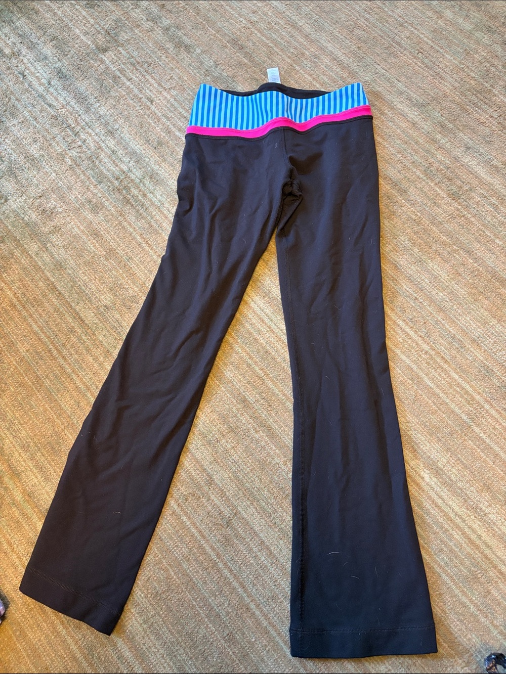Ivivva Thrive Black Leggings with Blue Striped and Pink Trim Waistband